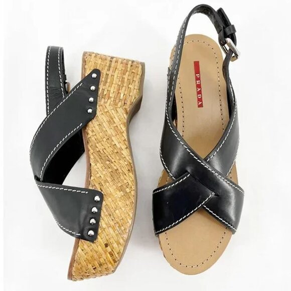 Prada Black Leather Espadrille Platform Sandals - Picture 1 of 10
